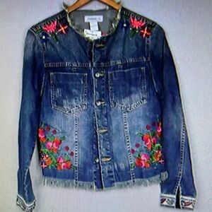 Desigual Blue and Pink Floral Embroidered Jean Jacketsize  ptp is 19 inches